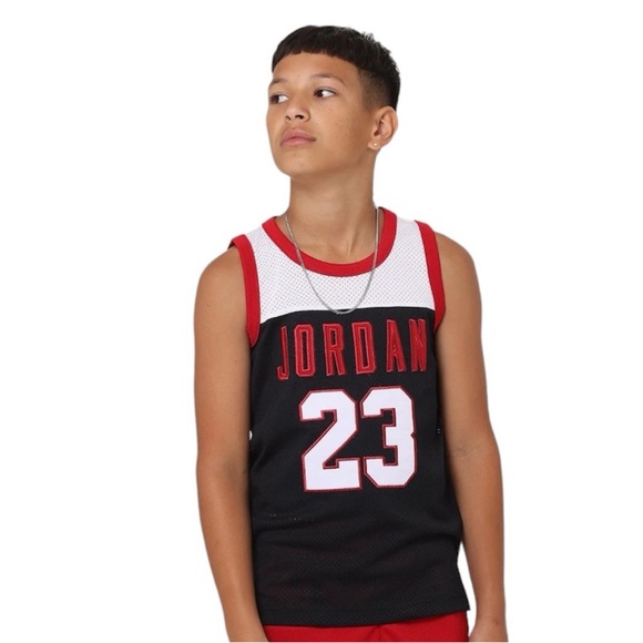 Jordan Kids Black and Red Mesh Jersey/JORDAN Color Block Jersey - Picture 1 of 10